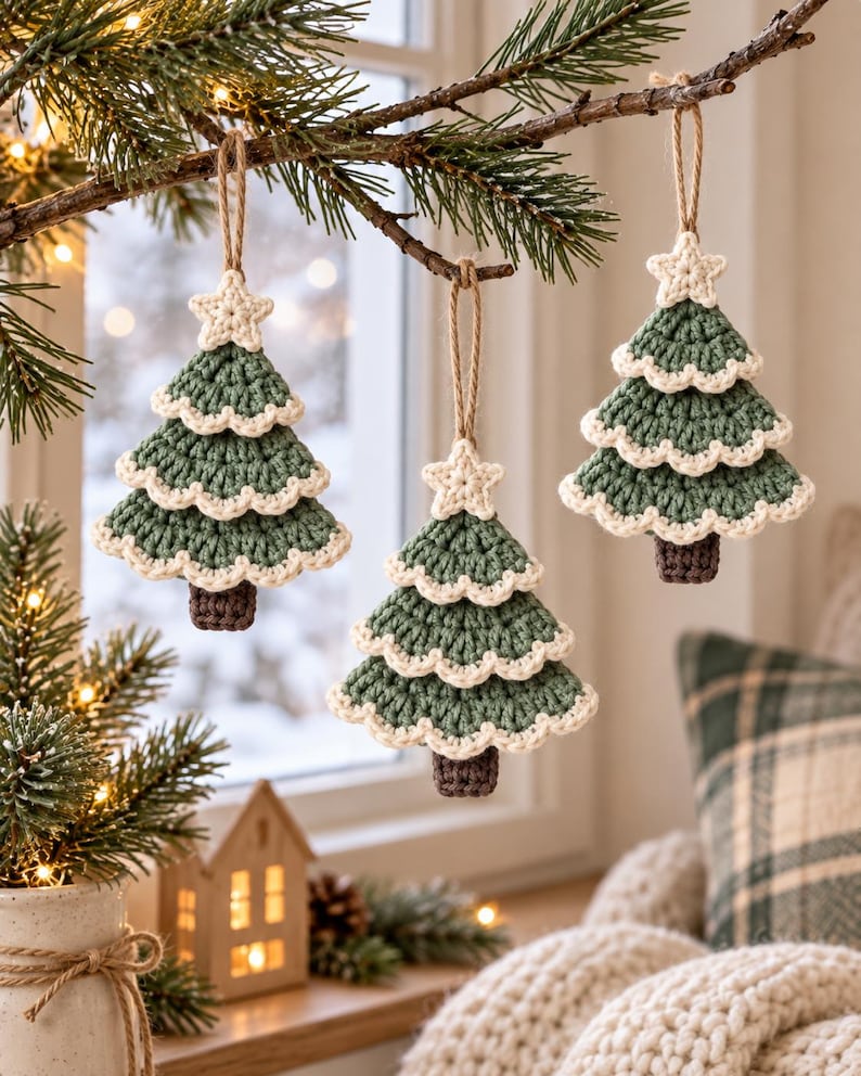 Crochet Christmas tree ornament used as a festive napkin decoration on a neutral holiday table setting with pine greenery and warm Christmas lights.

Handmade sage green crochet Christmas tree ornament hanging from a wooden door knob beside evergreen garland and pinecones in a cozy holiday entryway.

Three layered crochet Christmas tree ornaments hanging from a natural branch near a bright window with soft Scandinavian Christmas home decor.