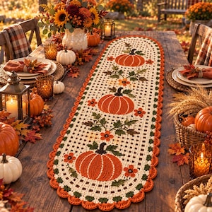 May include: An oval crochet table runner featuring a cream-colored grid pattern with three large orange pumpkins, green leaves, and small orange flowers. The runner has a scalloped orange border and is displayed on a wooden table with autumn decor.