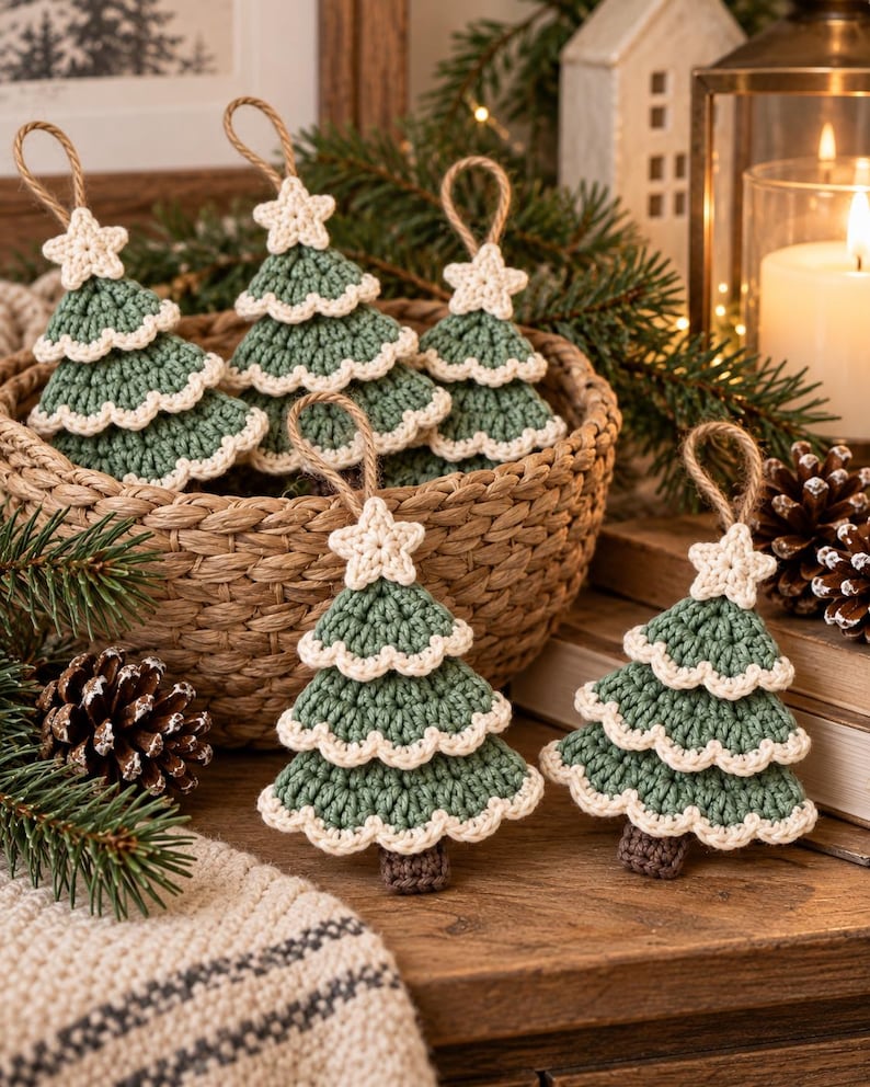 Handmade sage green crochet Christmas tree ornaments with cream scalloped edging, white crochet stars, brown trunks, and hanging loops displayed on a rustic wooden table.

Layered crochet Christmas tree ornaments hanging on an evergreen Christmas tree with warm fairy lights and cozy holiday decorations in the background.

Crochet Christmas tree garland with sage green layered trees, cream scalloped borders, white stars, and brown trunks decorating a rustic fireplace mantel.