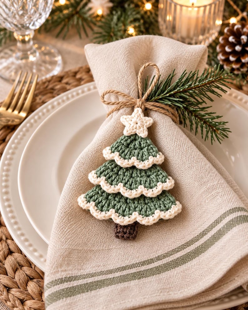 Handmade crochet Christmas tree ornament attached to a kraft paper wrapped holiday gift with twine, pine greenery, and rustic Christmas decorations.

Sage green crochet Christmas tree ornaments hanging from wooden wall hooks in a soft neutral nursery with cozy cream decor and wooden accents.

Rustic Christmas display featuring layered crochet tree ornaments in a woven basket beside pine branches, candles, pinecones, and warm holiday lights.