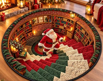 3D Santa Christmas Rug, Round Optical Illusion Carpet, Santa Library Staircase Floor Mat, Holiday Home Decor