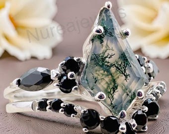 Moss Agate Kite Cut Sterling Silver Ring, Botanical Gemstone Statement Jewelry