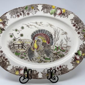 May include: An oval ceramic serving platter featuring a central illustration of a turkey in a rural landscape. The border is decorated with a brown and white floral pattern interspersed with colorful depictions of various fruits and berries.