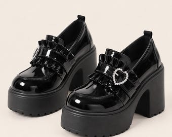 Black Patent Platform Loafers, Chunky Block Heel with Rhinestone Heart Buckle and Ruffle Strap