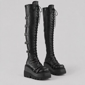 Over the Knee Lace Up Platform Wedge Boots with Buckle Straps, Black Faux Leather