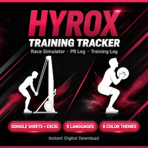 以下が含まれることがあります： Hyroxトレーニングトラッカーのデジタル画像。Hyrox Training Tracker、Race Simulator、PR Log、Training Log、Google Sheets + Excel、5 Languages、6 Color Themes、Instant Digital Downloadのテキストと、白いアスリートのシルエットが描かれています。