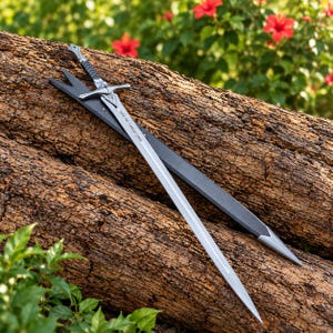 May include: A silver-toned metal sword with a black grip and a cross-shaped guard, featuring an inscription on the blade. The sword is accompanied by a matching black scabbard with silver-toned metal accents at the tip and opening.