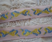 1y Vintage French 3 4 quot Pink Yellow Blue Rayon Woven Bows Bow Floral Jacquard Brocade Applique Ribbon Trim Girl Dress Hat Doll Crazy Quilt