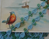 1y French Vintage Blue Green Silk Floss Rosette Rococo Flower Garland Ribbon Doll Trim Scrapbook Paper Craft Embellishment Crazy Quilt