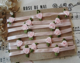 1y Baby Pink Rose Rosette Satin Flowers Floral Ribbon Trim Rococo Flapper Edwardian Boudoir Bonnet Bebe Doll Bonnet Shabby Chic Dress Cord Lacing Jewelry Making Beading