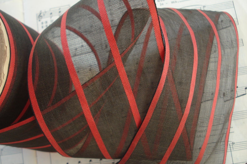 1y Antique German 3 58 Red Black Sheer Organza Stripe Millinery Ribbon Trim Downton Abbey Flapper Hat Bow Dress Edwardian Cloche