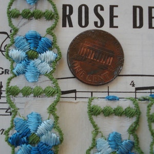 May include: White lace trim with blue and green embroidered flowers. The trim is shown next to a US penny.