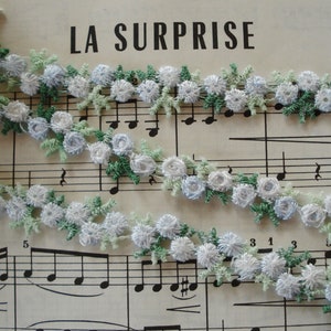 18" Vintage Pale Blue White Venise Schiffli Little Flower Floral Applique Lace Mini Rosette Ribbon Hat Doll Trim Headband Shabby Jacquard