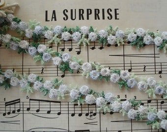 18" Vintage Pale Blue White Venise Schiffli Little Flower Floral Applique Lace Mini Rosette Ribbon Hat Doll Trim Headband Shabby Jacquard