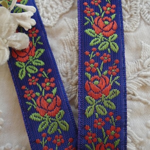 1y Vintage Französisch 3/4 &quot;Jacquard Floral Royal Blau Rot Blumen Rosen Woven Band Nähen Puppe Bär Kleid Flapper Edwardian Hut Kurzbegriffe Trimmen