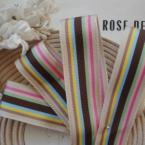 1y Vintage 7/8" Tan Pink Blue Yellow Green Brown Rayon Stripe Grosgrain Petersham Millinery Ribbon Trim Hat Belting Doll Fedora Flapper