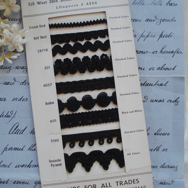 Antique Vintage Salesman Sample Card Black Braid Gimp Soutache Passementerie Ribbon Trim Display Sewing Notions Collectible French Doll