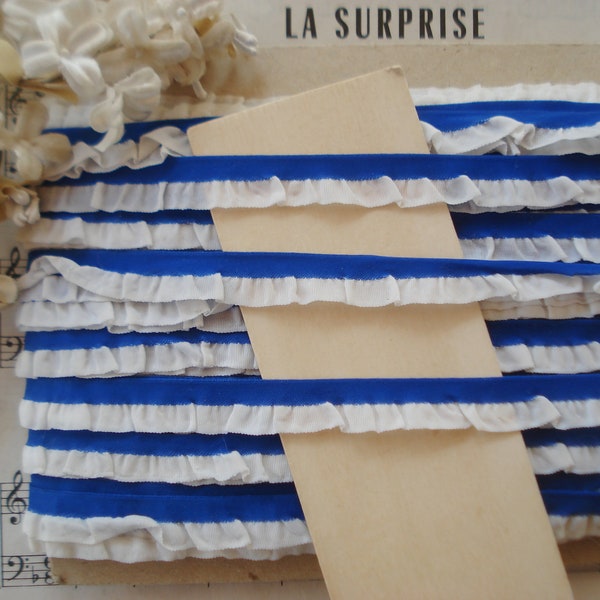 1y Vintage French 1/2" Royal Blue White Ruffle Taffeta Ribbon Trim Antique Bebe Doll Girls Dress Bonnet 4th of July Flag Dollhouse Rosette