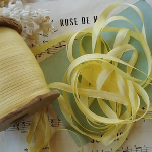 8y Vintage Tiny 3/8&quot; Shabby Yellow Rayon Silky Ribbon Trim Hat Doll Millinery Flower Ribbon Work Sewing Hang Tag Wedding Favor Seam Binding
