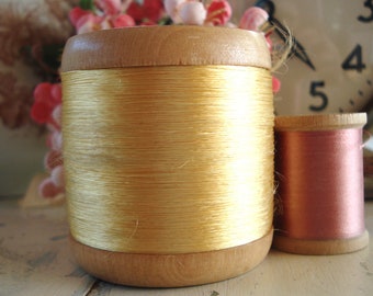 Large Spool Vintage French Shabby Yellow Silk Sewing Embroidery Thread Floss Wood Spool Bobbin Antique Sewing Notions Fly Tying Doll