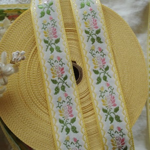 1y Vintage French 1" Ombre Pink Yellow Floral Flower Scallop Rayon Woven Jacquard Brocade Applique Ribbon Satin Trim Dress Hat Shabby Chic