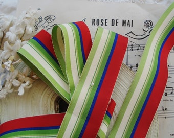 1y Vintage French 1 3/8" Red Lime Green Blue White Stripe Straight Edge Rayon Grosgrain Petersham Millinery Ribbon Trim Cloche Flapper Hat