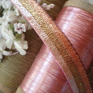 1y Vintage 5/8" Metallic Stripe Pink Brown Copper Lurex Lame' Sparkly Rayon Tinsel Millinery Ribbon Trim Milliners Wedding Bouquet