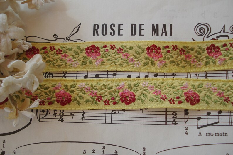 1y VTG 3//4/" FRENCH JACQUARD RIBBON PINK OMBRE ROSE FLOWER TRIM VTG ANTQ BROCADE