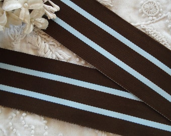1y Vintage 1 1/2" Stripe Brown & Duck Egg Blue Rayon Grosgrain Petersham Millinery Antique Ribbon Trim Hat Belting French Doll Tote Sewing