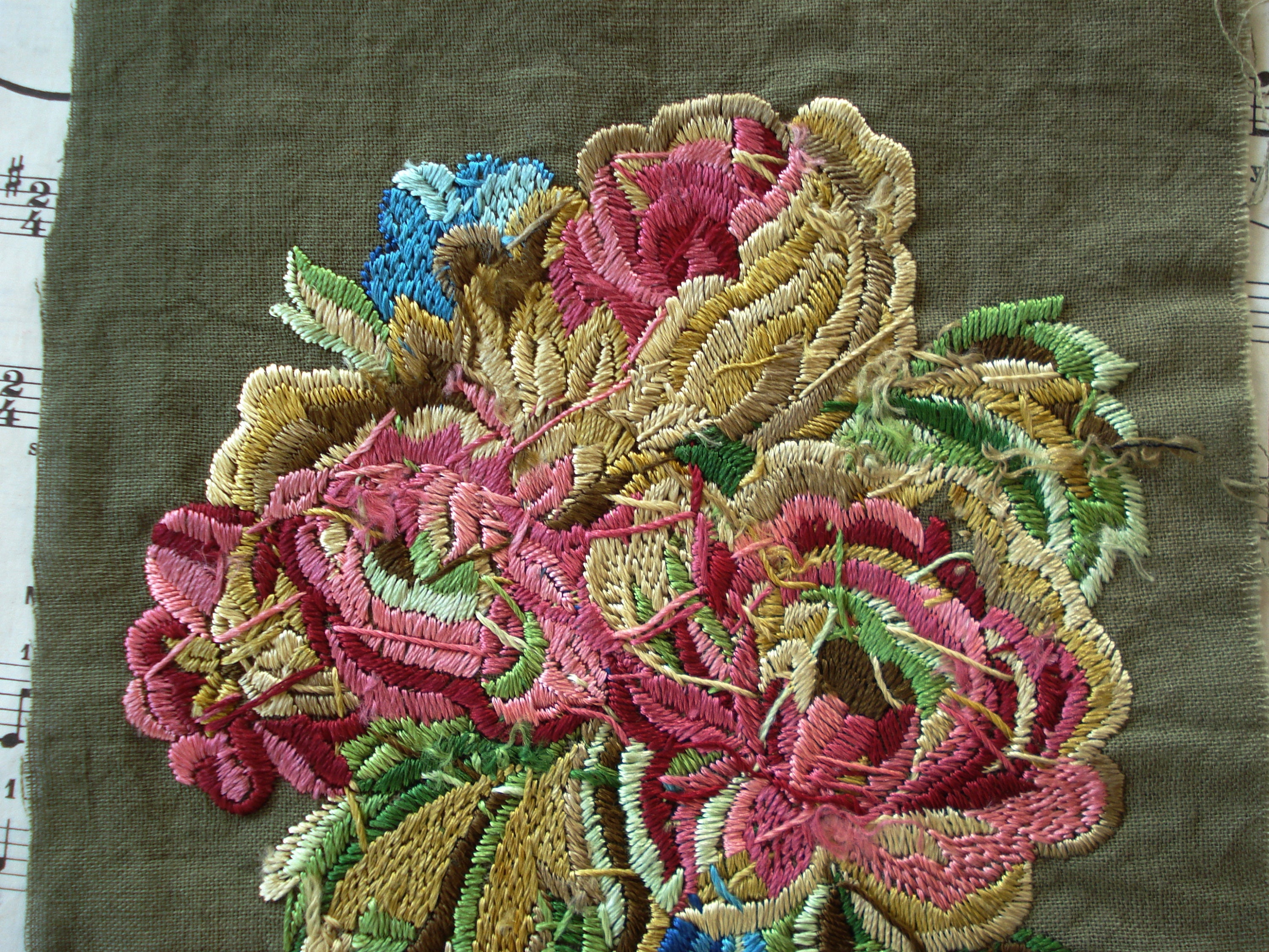 Antique French Silk Embroidered Colorful Roses Flowers Urn Basket