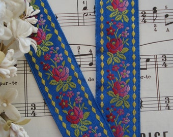 25" Vintage French 1" Blue Ombre Raspberry Pink Roses Flowers Diamond Border Blue Embroidered Jacquard Brocade Ribbon Trim Dress Hat Flapper