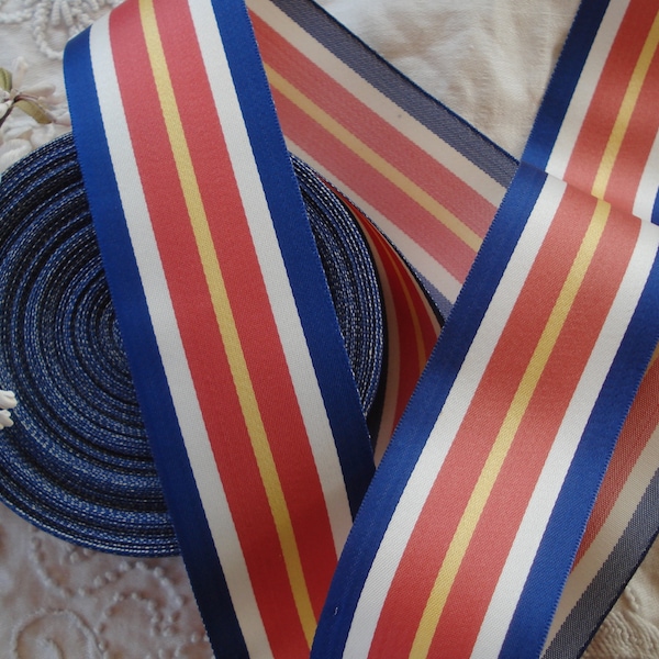 1 an vintage français 1 5/8" rouge blanc bleu jaune rayures rayonne satin militaire chapellerie drapeau insigne de récompense cocarde patriotique ruban chapeau garniture