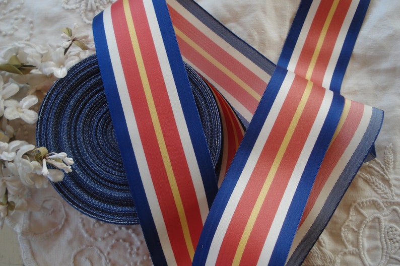 1 an vintage français 1 5/8 rouge blanc bleu jaune rayures rayonne satin militaire chapellerie drapeau insigne de récompense cocarde patriotique ruban chapeau garniture image 1