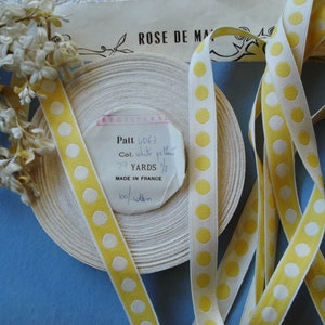 1y Vintage French 5/8 Yellow White Cotton Polka Dot Reversible Woven Jacquard Gingham Ribbon Trim Tote Bag Doll Dress Crazy Quilt Dog Collar