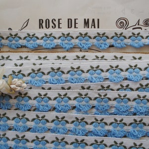 1y Vintage French 5/8" Blue Cotton Flower Rose Jacquard Rosette Rococo Woven Applique Tape Lace Trim Doll Dress Hat Ribbon Novelty Sewing