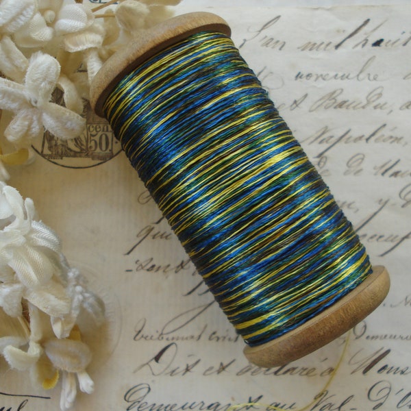 1 Large Antique French Wood Spool Ombre Blue Yellow Brown Green Silk Twist Vintage Hand Sewing Embroidery Thread Floss Fly Tying Lace Trim