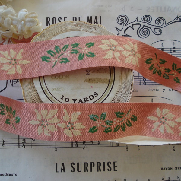 1 yd Vintage Cream Pink Christmas Poinsettia Flowers Holly Berry Stenciled Painted Jacquard Ribbon Trim Antique Christmas Edwardian Stocking