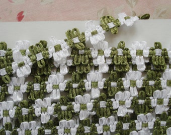 4y 19" French Style Olive Green White Rococo Rosette Flower Ribbon Work Hat Doll Trim Bonnet Dress Victorian Flapper Crazy Quilt Cloche
