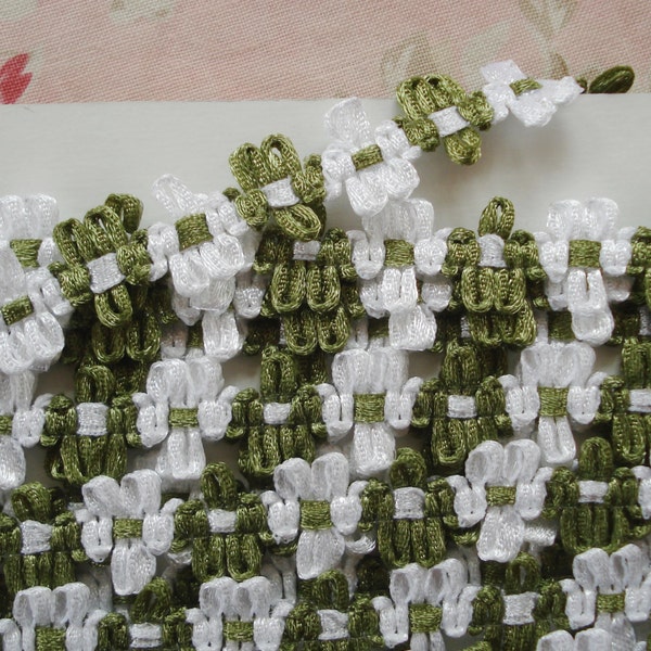 4y 19" French Style Olive Green White Rococo Rosette Flower Ribbon Work Hat Doll Trim Bonnet Dress Victorian Flapper Crazy Quilt Cloche
