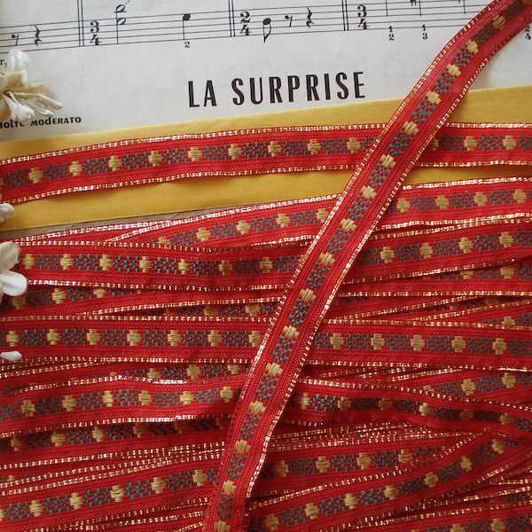 3y Vintage French 1/2" Red Pale Golden Yellow Flowers Gold Metallic Woven Rayon Jacquard Brocade Ribbon Trim Doll Dress Sash Hat Flapper