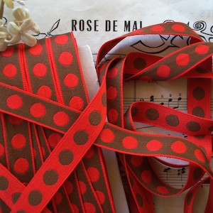 1y Vintage French 5/8&quot; Red Brown Cotton Polka Dot Reversible Woven Jacquard Gingham Ribbon Trim Tote Bag Doll Dress Bonnet Dog Collar Hat