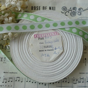 1y Vintage French 5/8&quot; Apple Green White Cotton Polka Dot Reversible Woven Jacquard Gingham Ribbon Trim Doll Dress Bonnet Dog Collar Quilt