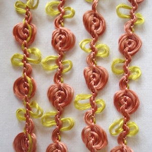 1y Vintage French Yellow Coral Pink Rosette Rococo Rayon Floss Picot Ribbon Doll Trim Scrapbook Boudoir Paper Craft Crazy Quilt Hat Dress image 5
