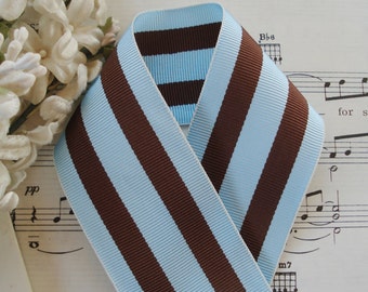1y Vintage 1940s 1 1/2" Stripe Chocolate Brown Robins Egg Blue Rayon Grosgrain Petersham Millinery Ribbon Trim Hat Belting French Cloche