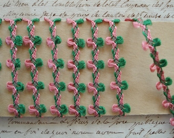 1y Vintage French c1940s Pink Green Silky Floss Floral Rococo Rosette Bow Flower Ribbon Work Hat Doll Bear Dress Trim Flapper Crazy Quilt