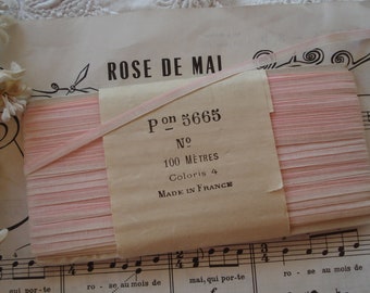 1y 3" Antique French c1920 3/16" Ombre Pink Cream Silk Tiny Stripe Millinery Ribbon Work Flower Trim Edwardian Miniature Doll Clothes Hat