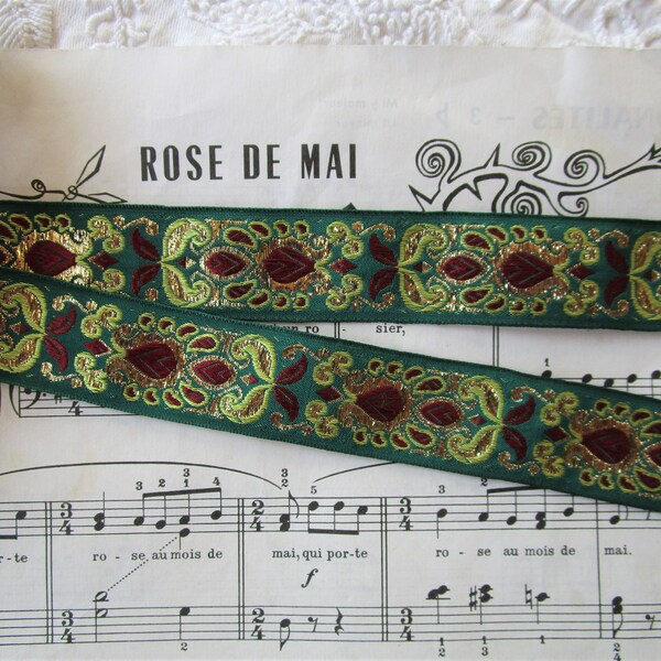 1y Vintage French 1" Green Burgandy Red Gold Metallic Floral Jacquard Ribbon Trim Art Deco Nouveau Edwardian Victorian Doll Dress Costume