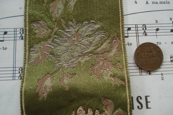 ANTIQUE FRENCH ROSE GOLD METALLIC THREAD PEONY GREEN JACQUARD RIBBON TRIM HAT
