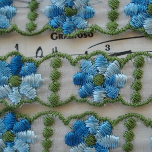 May include: White lace trim with blue and green embroidered flowers. The trim has a scalloped edge.