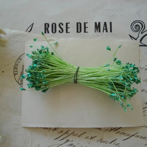 Antique German Green Glitter & Matte Double Millinery Flower Stamens Antique Ribbonwork Hat Cloche Doll Trim Christmas Corsage Ribbon Flower